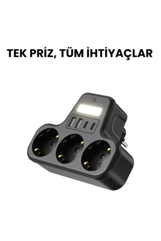 پریز چندگانه دیواری با محافظ جریان ۳ تایی | دارای ۲ ورودی USB-A و ۲ ورودی Type-C | پریز هوشمند با چراغ شب LED