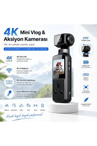 دوربین اکشن مینی 4K Ultra HD | Wi-Fi، لنز چرخشی 270°، تثبیت‌کننده EIS