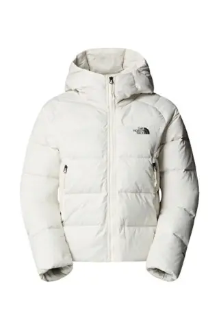 کاپشن زنانه هالیته با کلاه از جنس پر گاز سفید