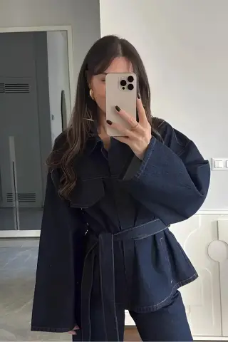 کت جین زنانه با بند آبی تیره