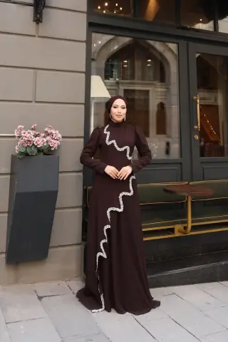 پیراهن مجلسی با جزئیات سنگی پرین 8061 قهوه‌ای