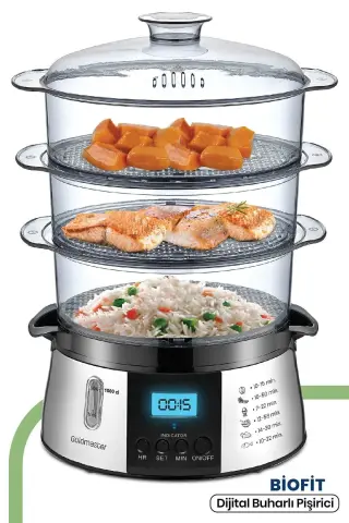 بخارپز دیجیتال 120 دقیقه‌ای با صفحه نمایش LED بیوفیت 10 لیتری GM7268D