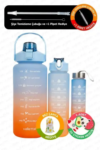 ست ۳ تایی بطری آب بدون BPA با طراحی انگیزشی - بطری آب آبی، شیشه آب، سُولک
