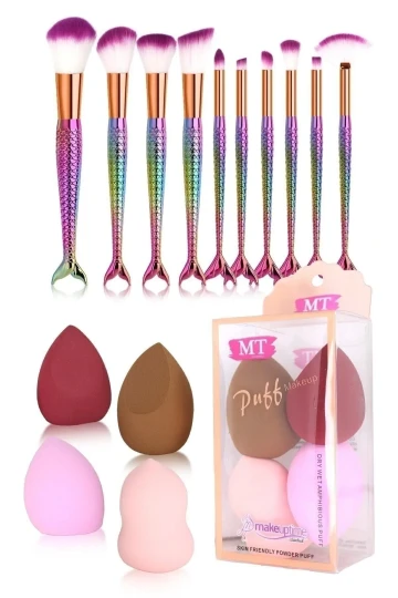 ست برس ماهی رنگین کمان 10 عددی و اسفنج گلابی 4 عددی ماکییا
