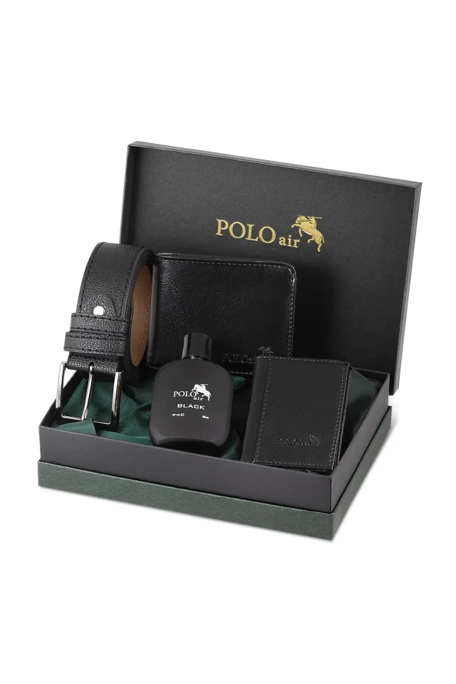 ست کیف پول کلاسیک مردانه با جعبه، کمربند، کارت‌خوان و عطر مشکی