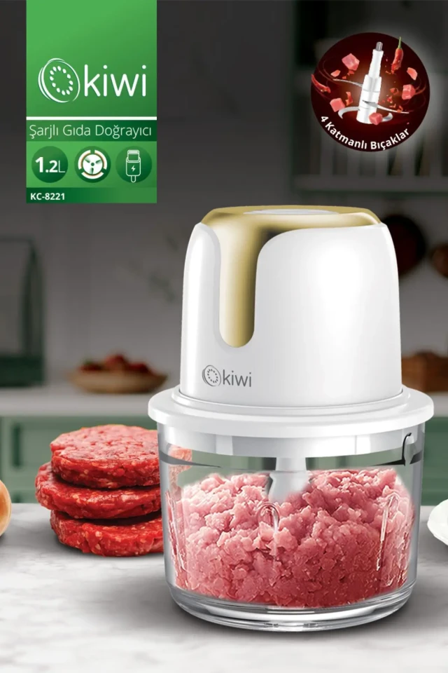 خردکن غذای بی‌سیم شارژی Kc-8221 – مخزن شیشه‌ای 1.2 لیتری، ربات آشپز با تیغه‌های استیل ضد زنگ