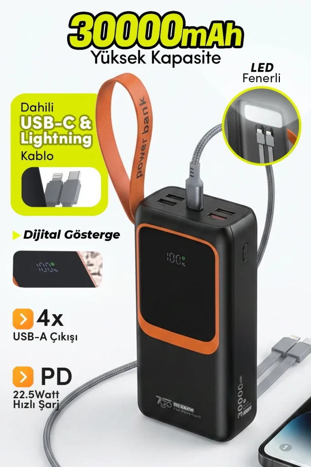 پاوربانک GPW-08 با ظرفیت 30000mAh و شارژ سریع PD22.5W | دارای 4 خروجی USB، کابل داخلی Type-C و Lightning