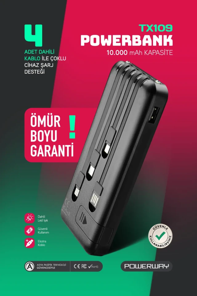 پاوربانک قابل حمل سیاه با ظرفیت 10.000 میلی آمپر ساعت و کابل داخلی و پایه تلفن و نشانگر شارژ