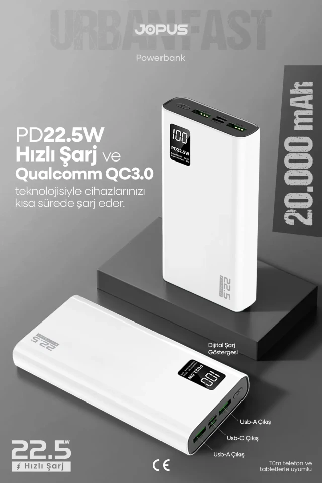 پاوربانک 20000mAh PD 22.5W شارژ سریع - با صفحه دیجیتال - دستگاه شارژ قابل حمل - سفید JP-P12
