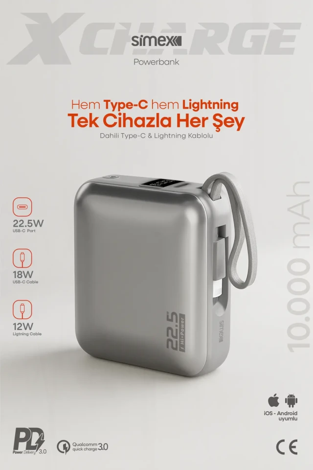 پاوربانک 10.000 میلی‌آمپر ساعت با شارژ سریع 22.5W و کابل داخلی و نمایشگر دیجیتال