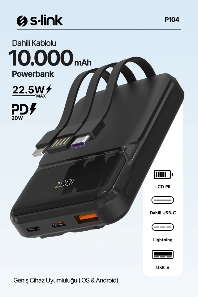 پاوربانک LCD سیاه 10000mAh PRM با کابل داخلی HSC22.5W+PD20W