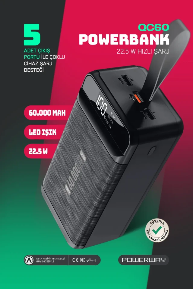 پاوربانک 60.000 میلی آمپر PD 22.5W با کابل و شارژ سریع 3.0 با ضمانت واقعی 60.000 میلی آمپر و نورانی QC60 سیاه