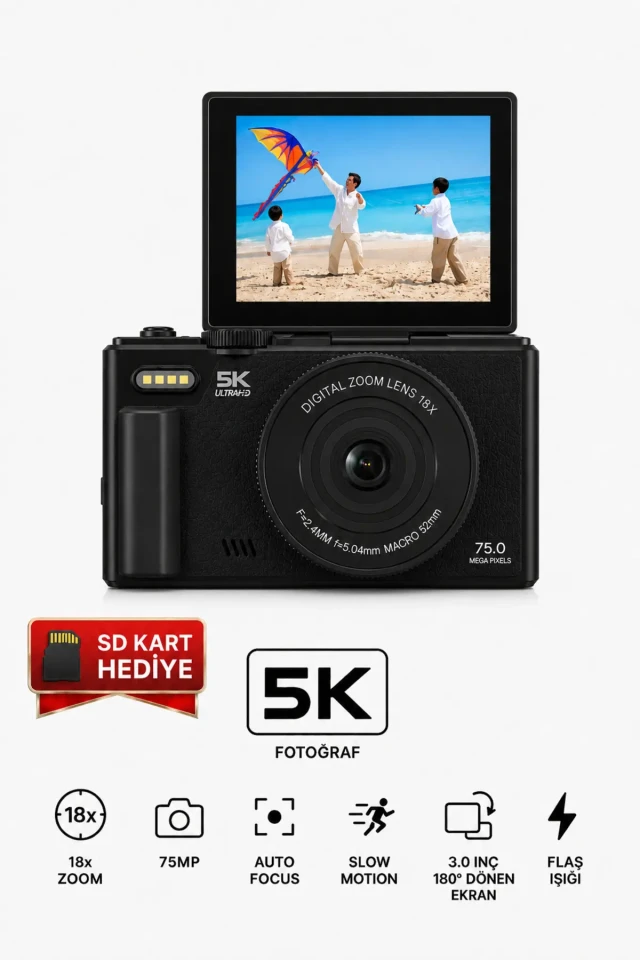 دوربین ویدئویی دیجیتال 5K با 75 مگاپیکسل و زوم 18 برابر و صفحه نمایش 3 اینچی تاشو و کارت SD هدیه - دوربین عکاسی ریترو و لاگ