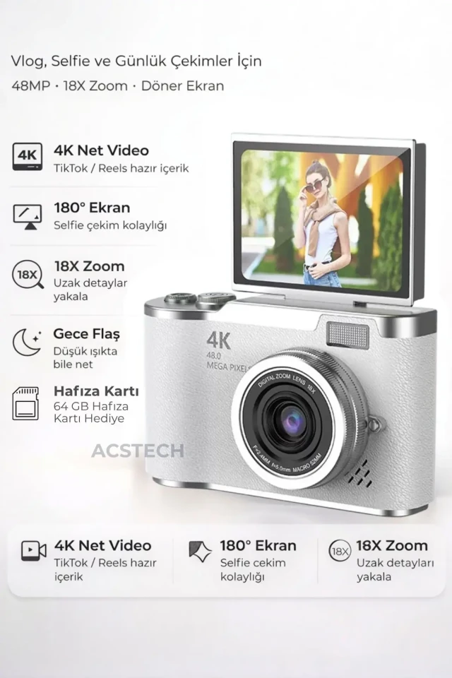 دوربین دیجیتال 4K با کیفیت 48 مگاپیکسل و صفحه نمایش تاشو 18 برابر زوم با فلاش و 64 گیگابایت هدیه با منوی فارسی