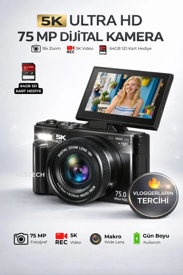 دوربین دیجیتال 5K با فلاش 75MP صفحه نمایش تاشو 18 برابر زوم با کارت 64GB هدیه منوی فارسی