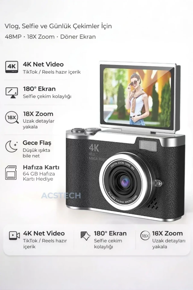 دوربین دیجیتال 4K با کیفیت 48 مگاپیکسل و صفحه نمایش تاشو 18 برابر زوم با فلاش و 64 گیگابایت هدیه و منوی فارسی