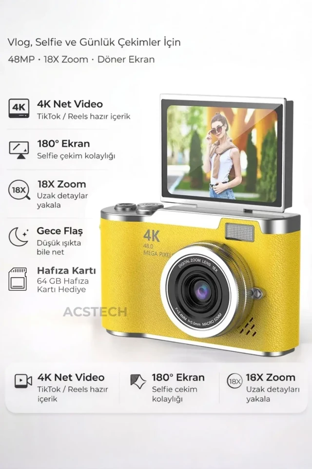 دوربین دیجیتال 4K با کیفیت 48 مگاپیکسل و صفحه نمایش تاشو 18 برابر زوم با فلاش و 64 گیگابایت هدیه منوی فارسی