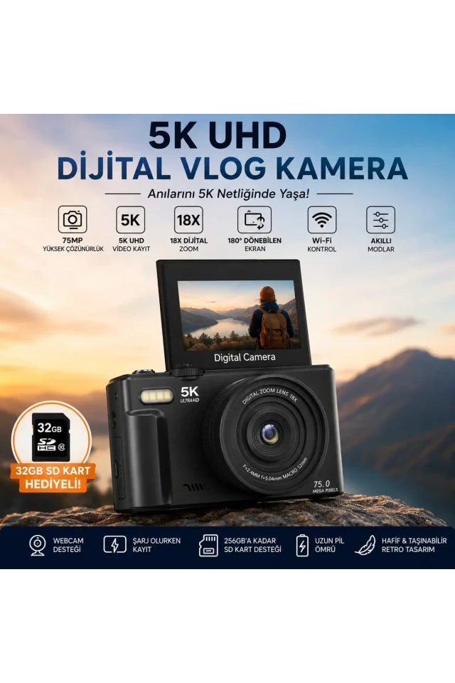 دوربین دیجیتال 5K UHD با کیفیت 75MP – دوربین ویدئویی با زوم دیجیتال 18 برابر، صفحه نمایش IPS چرخشی 180 درجه، کنترل از طریق Wi-Fi، پشتیبانی از حرکت آهسته و تایم‌لپس، همراه با کارت SD 64GB هدیه