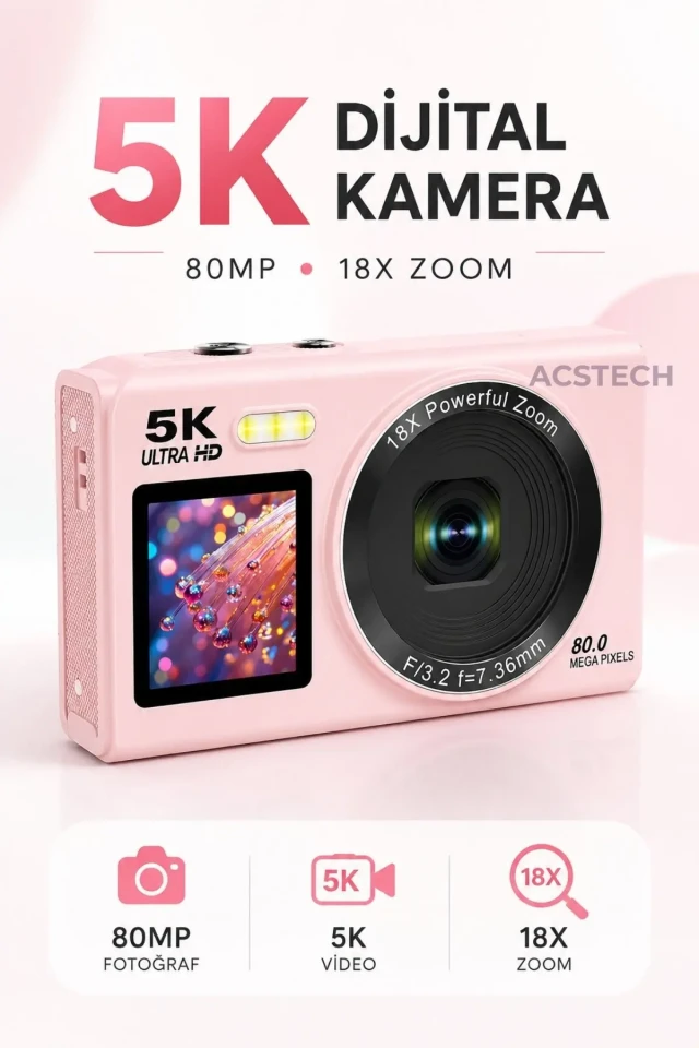 دوربین دیجیتال با دو صفحه نمایش 5K | 80 مگاپیکسل | زوم 18X | همراه با کارت حافظه 32GB