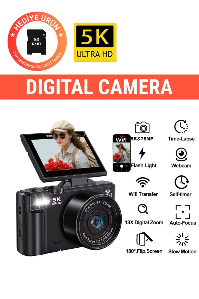 دوربین دیجیتال W1 5K UHD با زوم 18X و فلش و کارت SD 64 گیگابایتی و صفحه نمایش 3 اینچی با قابلیت چرخش 180 درجه برای سفر و ویدئو بلاگ