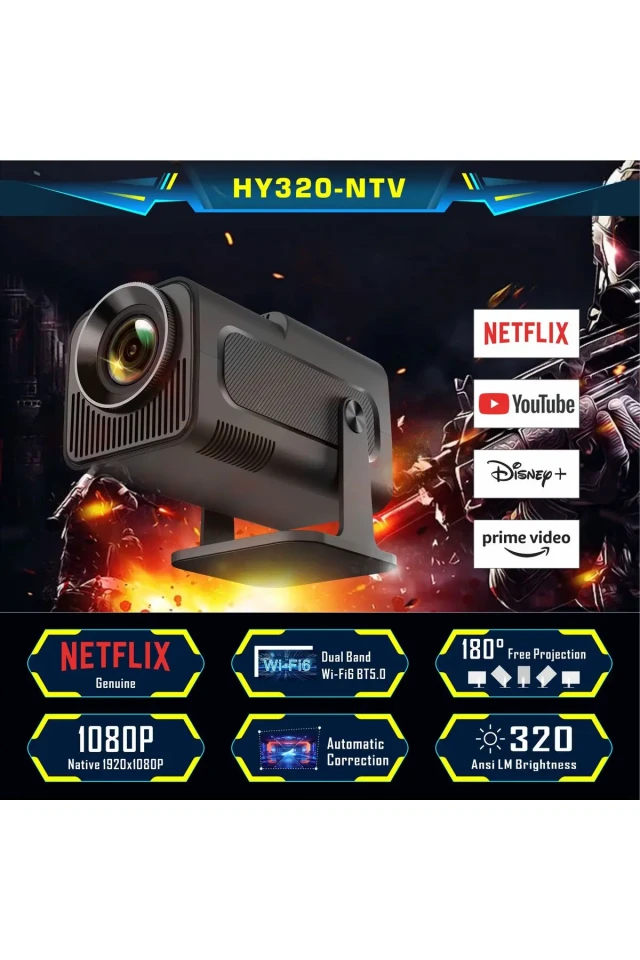 دستگاه پروژکتور مینی HY320 اندروید ۱۱ با کیفیت ۷۲۰P HD و پشتیبانی از ۴K، WiFi 6 و بلوتوث قابل حمل