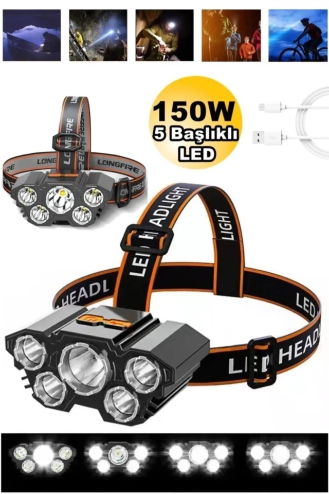 چراغ قوه سر 150 وات فوق‌العاده قوی با 5 LED برای شکار و ماهیگیری و کمپ