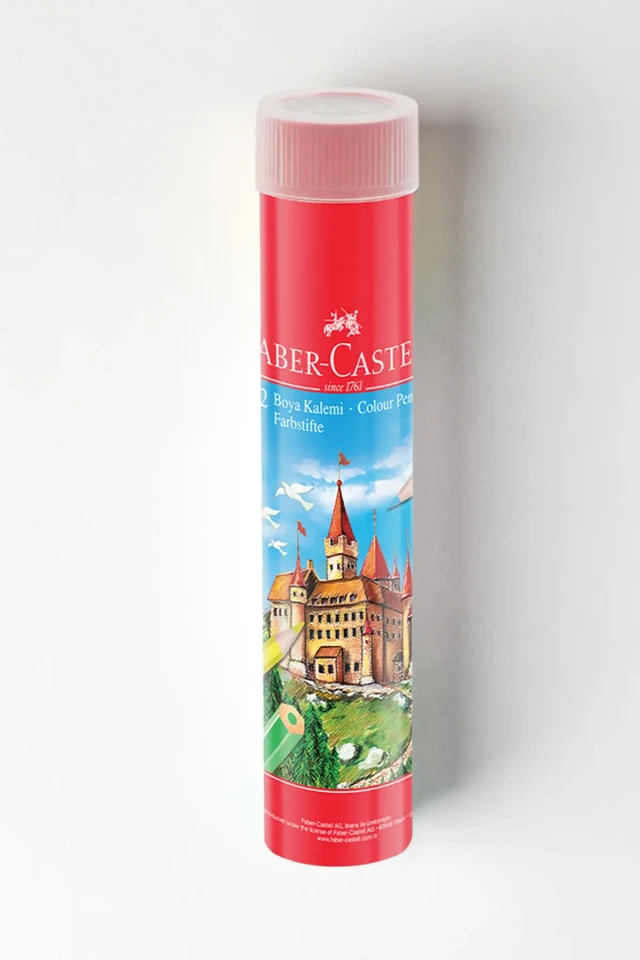 مداد رنگی خشک، جعبه فلزی قرمز، ۱۲ رنگ، سایز کامل، همراه با مداد تراش، نرم و مینایی