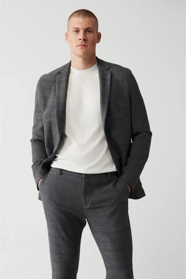 کت بلیزر مردانه خاکستری 360 درجه انعطاف‌پذیر با دو چاک بدون آستر مدل Comfort Slim Fit A32Y4051