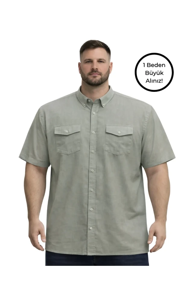 پیراهن کوتاه آستین‌دار مردانه بزرگ سایز با رنگ خاکی و دو جیب 3XL-4XL-5XL-6XL-7XL-8XL