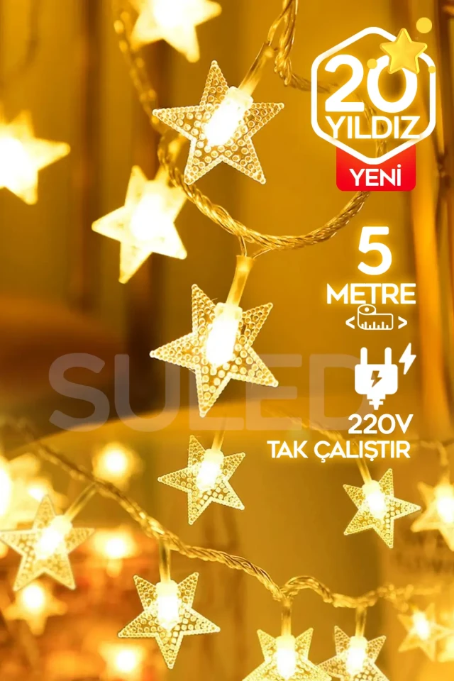 چراغ تزیینی LED 5 متری با 20 ستاره 220 ولت با دوشاخه نور روز برای تزئینات و فضاسازی مهمانی