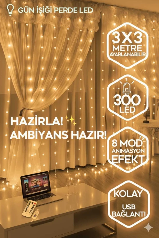 پرده پری USB LED با 8 حالت مختلف کنترل از راه دور 3mx3m (300 سانتی‌متر در 300 سانتی‌متر)