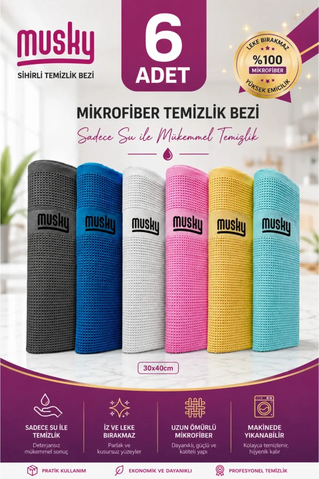 دستمال تمیزکننده جادویی میکروفیبر 6 عددی برای شیشه، آینه، آشپزخانه، حمام و خودرو (40/30 سانتیمتر)