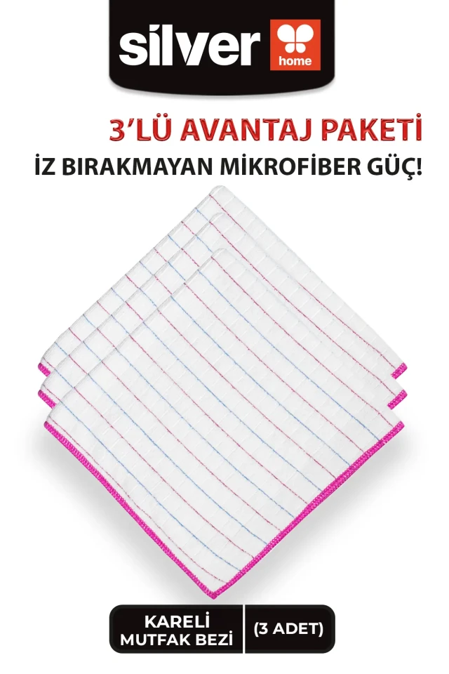 دستمال آشپزخانه 40x40 سانتی‌متری با لبه‌دوزی، طرح راه‌راه و چهارخانه، رنگ صورتی، جذب‌کننده، بسته 3 عددی
