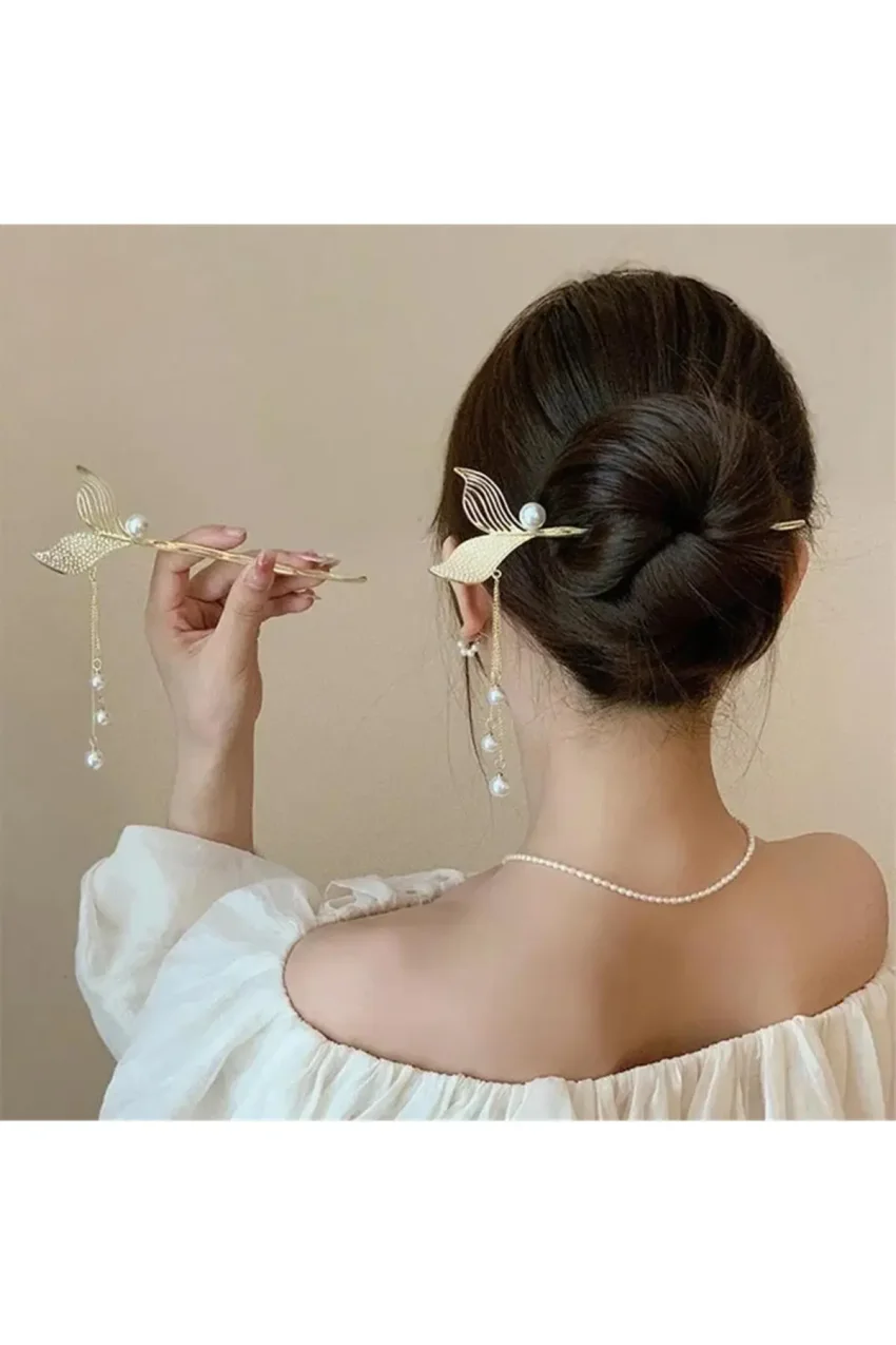 مدل جدید گیره موی فلزی با دانه مروارید دم ماهی