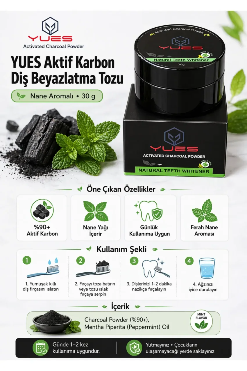 پودر سفیدکننده دندان کربن فعال 30 گرم - پودر تمیزکننده و مراقبت از دندان طبیعی با طعم نعنا