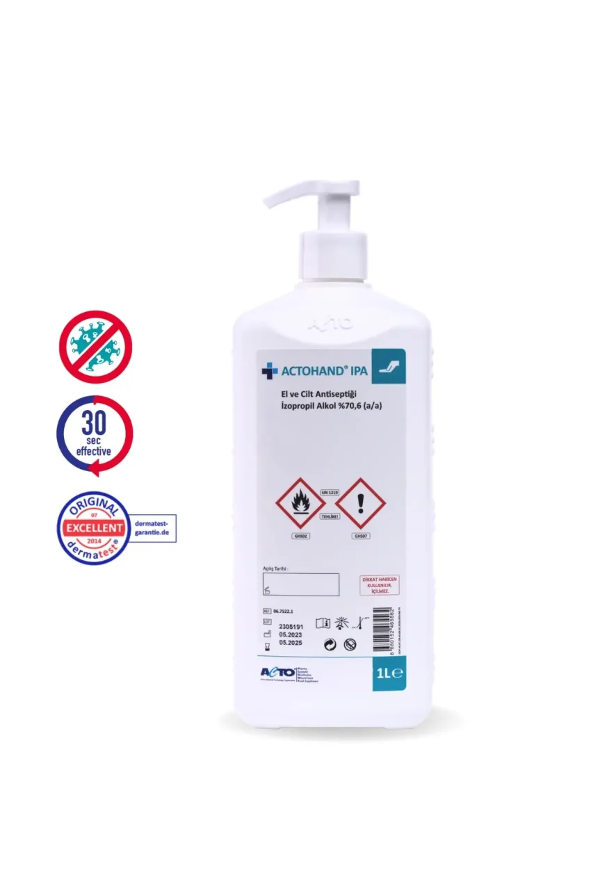 ACTOHAND® IPA 1 لیتر | ضدعفونی‌کننده دست و پوست - الکل ایزوپروپیل 75 % (v/v) = (70,6 گرم)