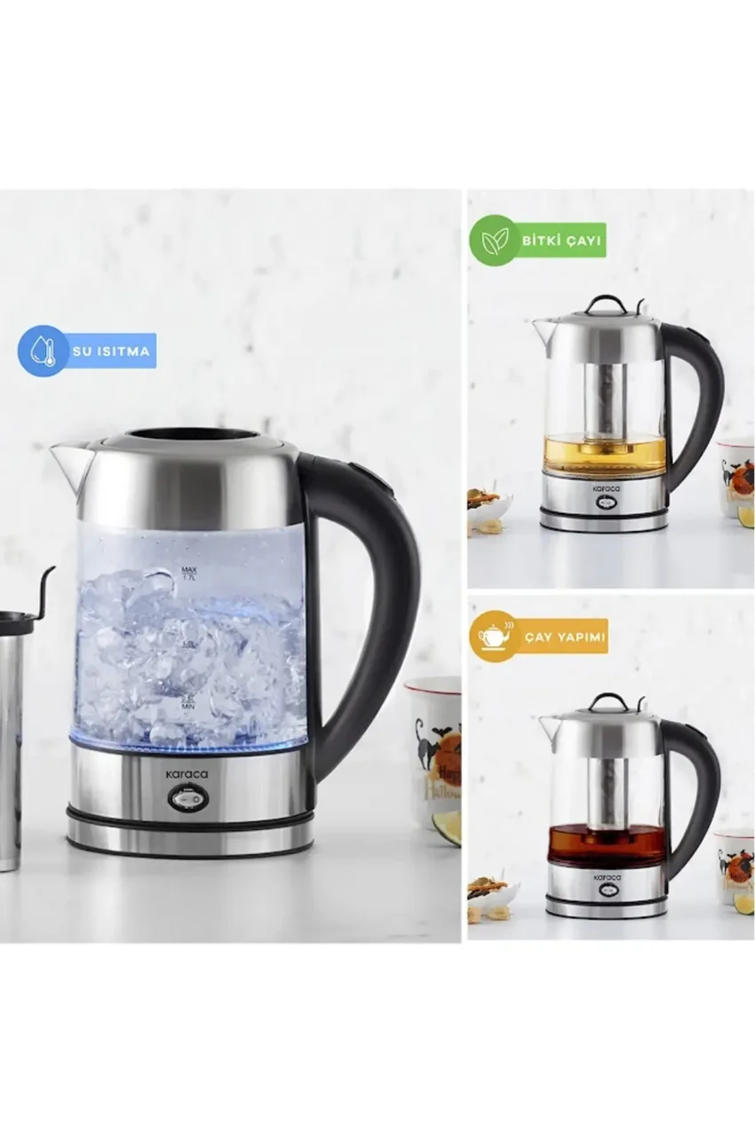 دستگاه چای‌ساز و کتری برقی Cam Inox 2202 با بدنه شیشه‌ای بوروسیلیکات