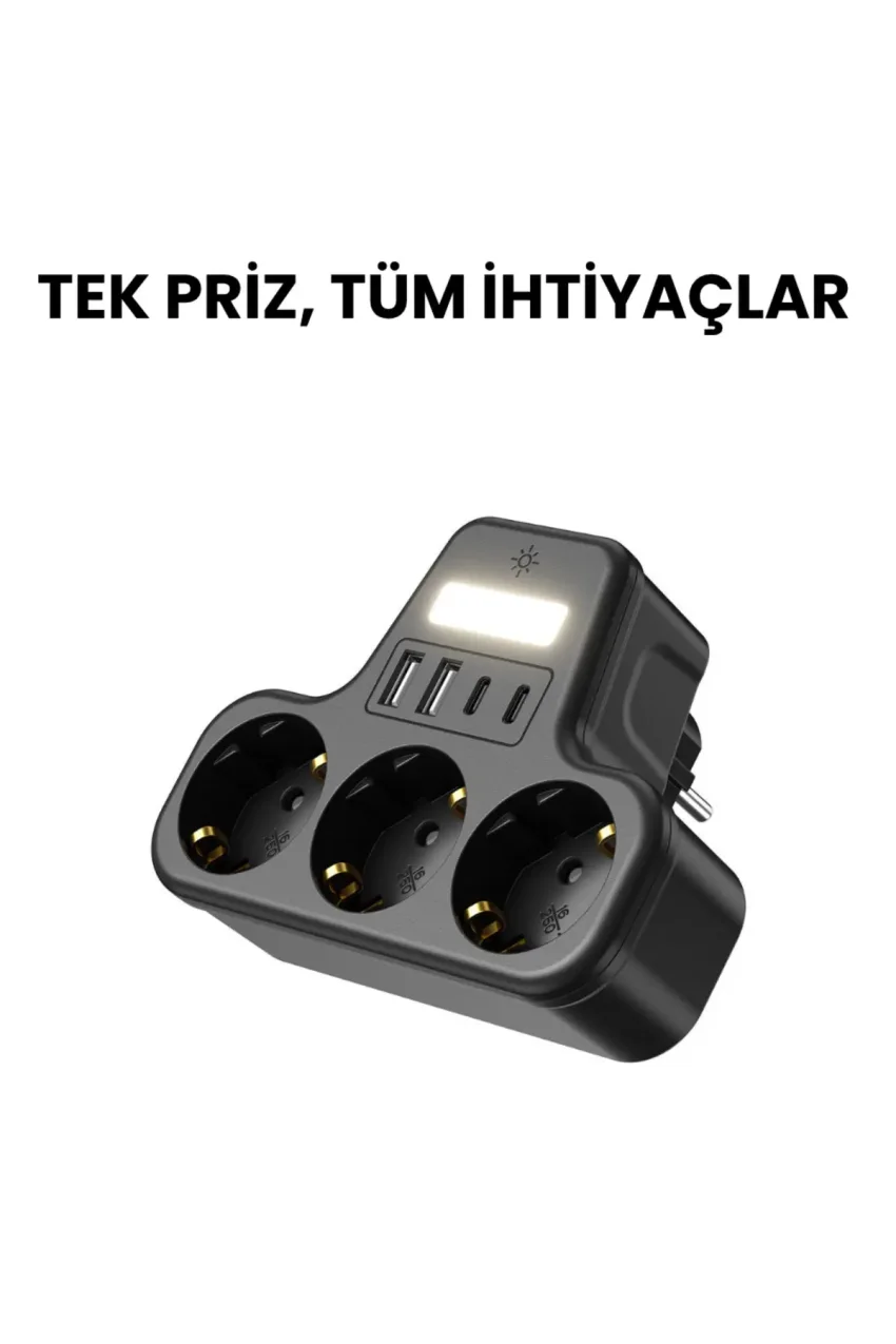 پریز چندگانه دیواری با محافظ جریان ۳ تایی | دارای ۲ ورودی USB-A و ۲ ورودی Type-C | پریز هوشمند با چراغ شب LED