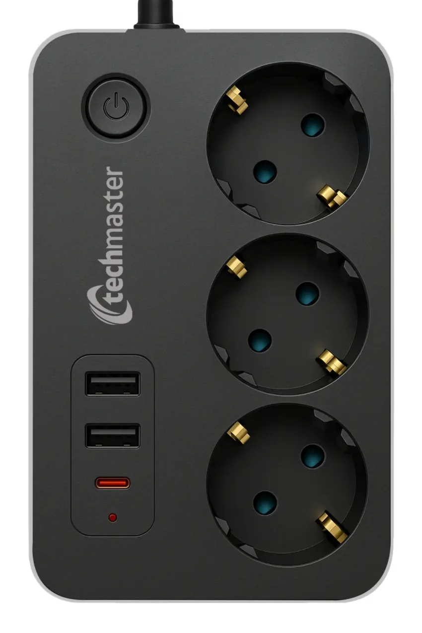 پریز مربع 3 تایی با 2 پورت USB و Type-C و محافظ کودک 2 متری
