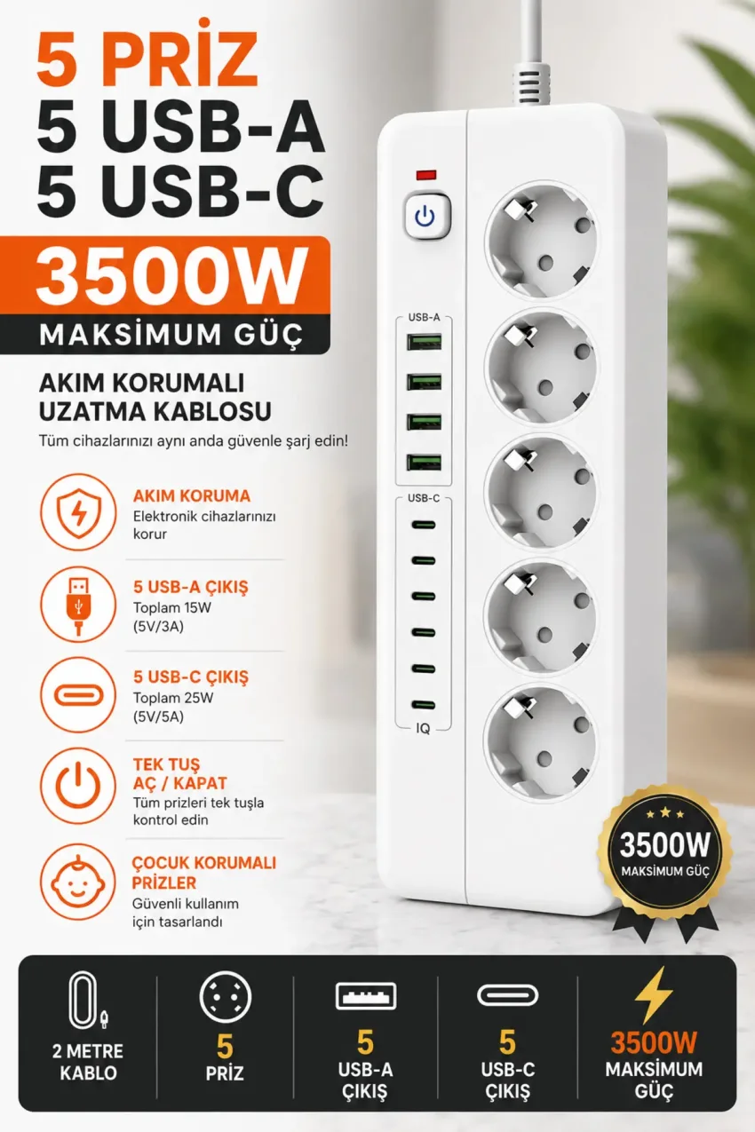 پریز 5 تایی با محافظت از جریان 3000 وات | 5 USB-A + 5 Type-C | دارای کلید روشن و خاموش | کابل 2 متری