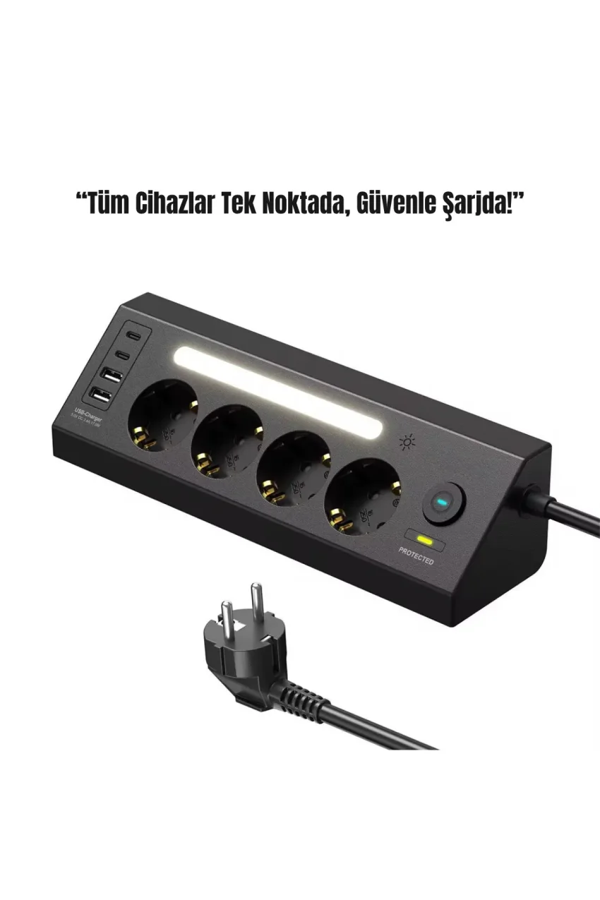 پریز ۴ تایی با محافظت از جریان | ۲ خروجی USB-C + ۲ خروجی USB-A | ایستگاه شارژ با نور LED | کابل ۲ متری