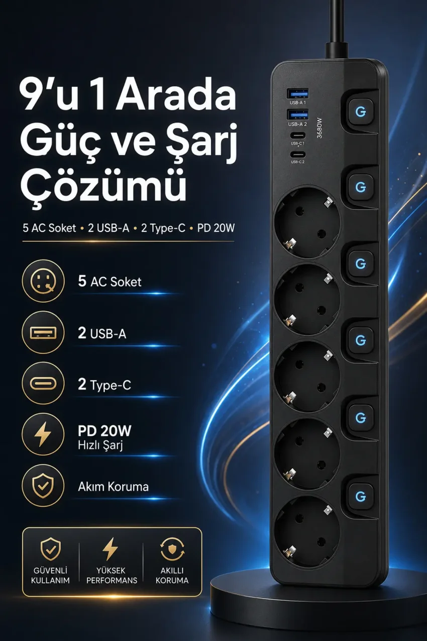 پریز چندگانه محافظت شده 5 تایی | 3680 وات | 2xUSB-A | 2x Type-C | شارژ سریع PD 20 وات | کابل 2 متری