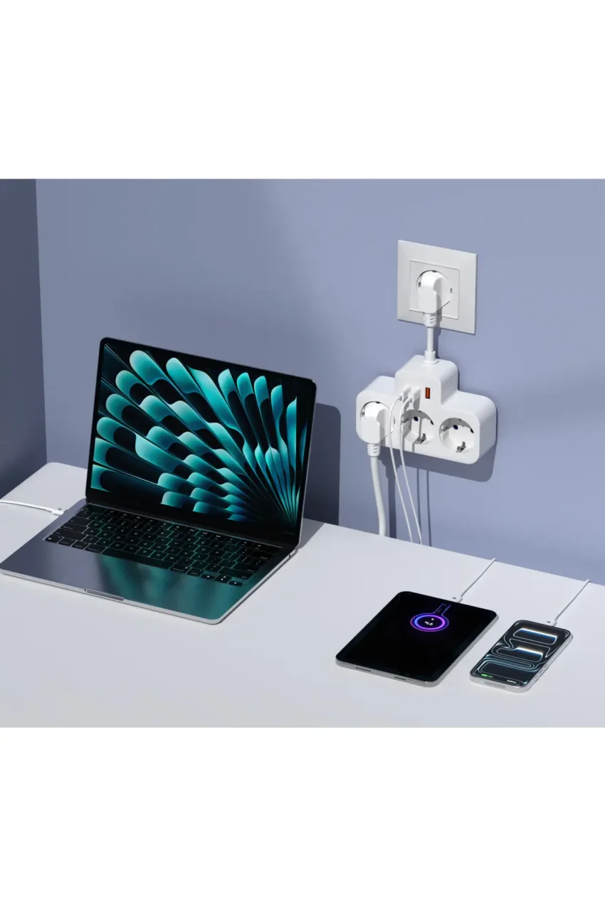 پریز 3 سوکت سفید 15mm با 1 USB و 2 Type-C PD20W و 1050 ژول با کابل تمام مس و محافظت از جریان