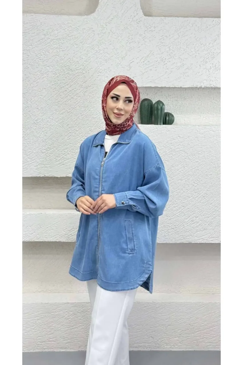 5647 - تونیک کتان بلند زیپ‌دار شیک و راحت