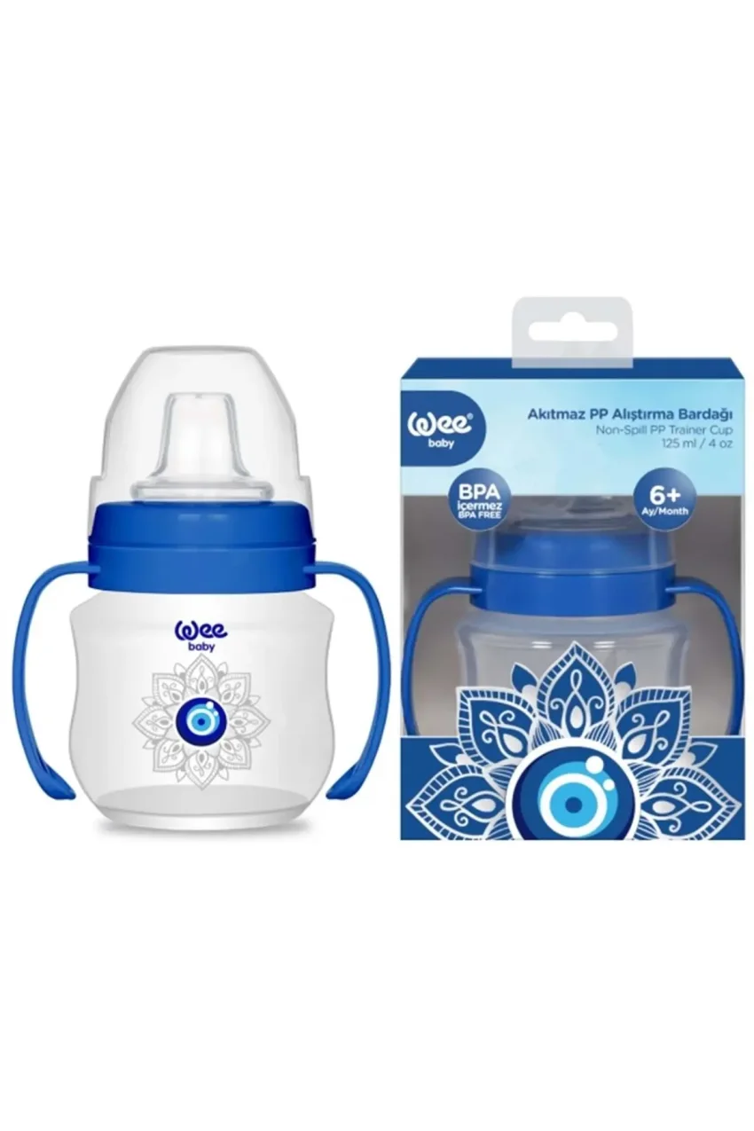 لیوان PP دسته‌دار نشت‌ناپذیر (لیوان تمرینی) ۱۲۵ میلی‌لیتر با طرح چشم زخم