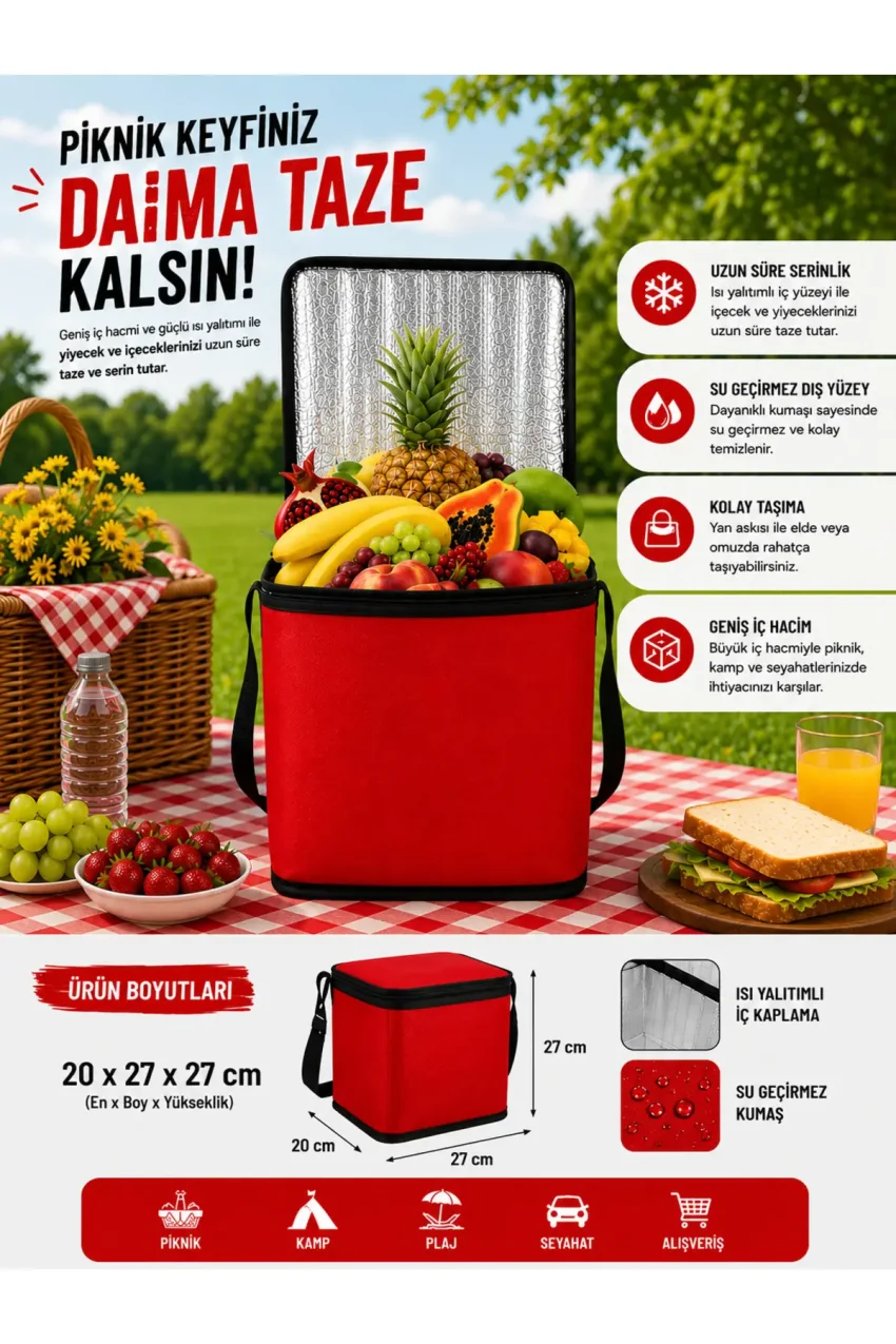 کیف ترموس کمپ و پیک نیک با عایق حرارتی قرمز 20x27x27 سانتی‌متر