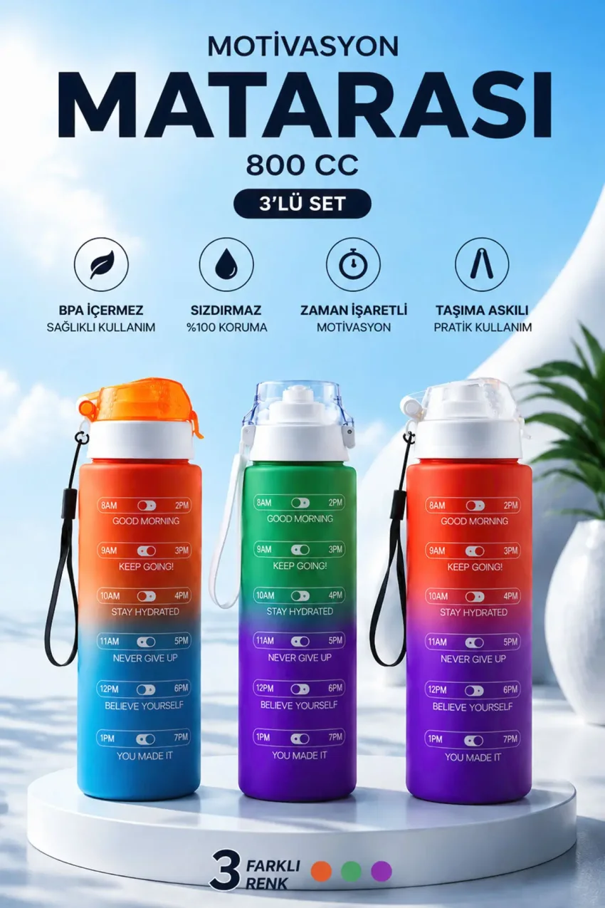 ست ۳ عددی بطری آب ۸۰۰ میلی لیتری موتیواسیون، ضد نشت و بدون BPA، بطری ورزشی با علامت زمان