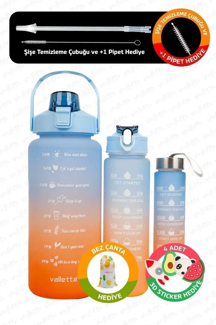 ست ۳ تایی بطری آب بدون BPA با طراحی انگیزشی - بطری آب آبی، شیشه آب، سُولک