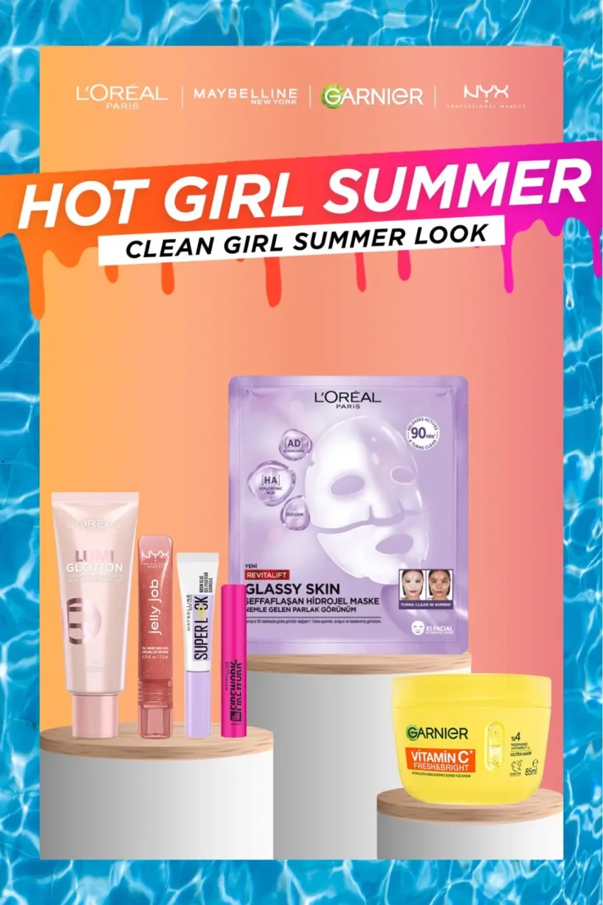 ست تابستانی: ماسک، مرطوب‌کننده، ریمل، ژل فیکس‌کننده ابرو، برق لب، هایلایتر